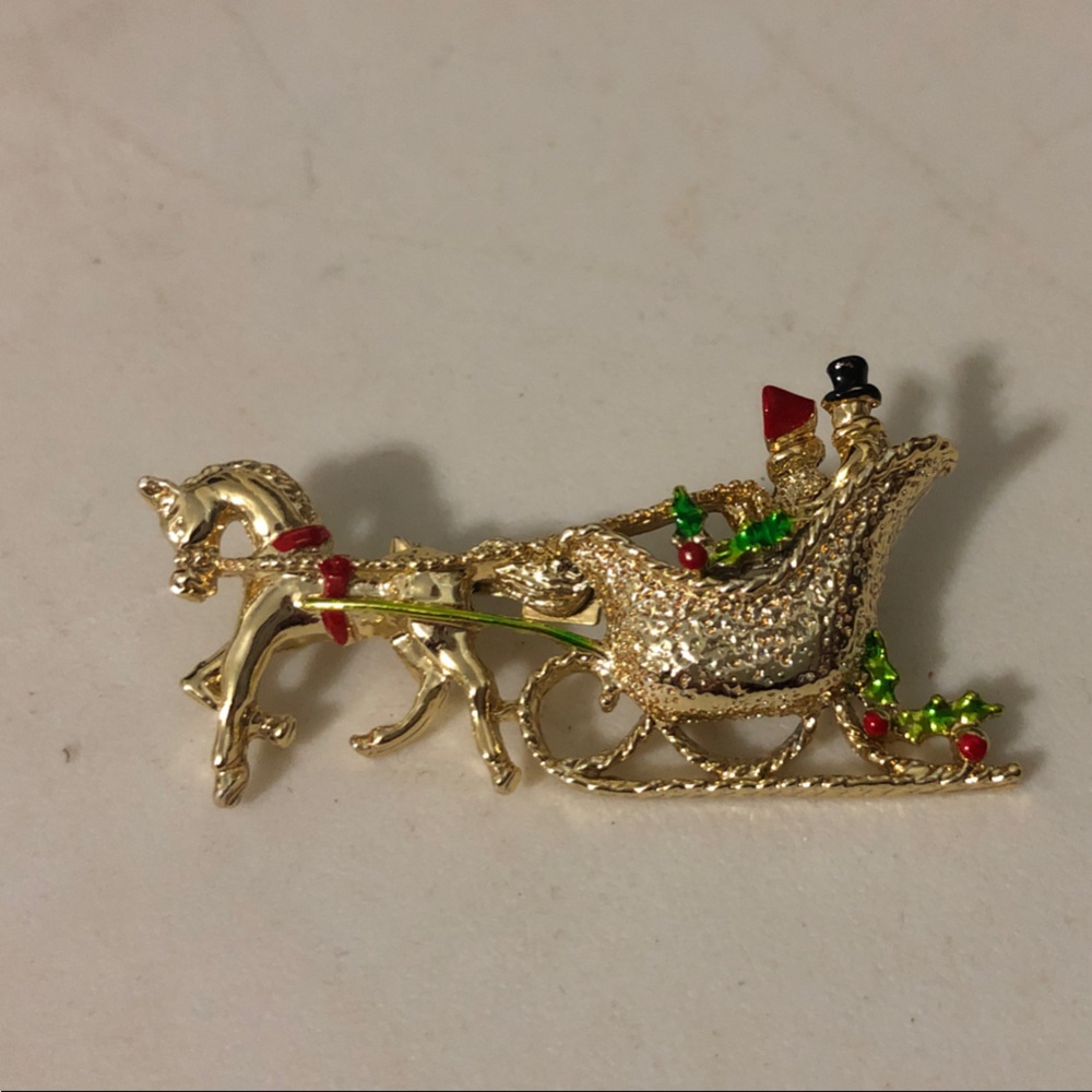 1960s Gerry Gold-Tone Holiday Reindeer & Sleigh Brooch with Red and Green Enamel